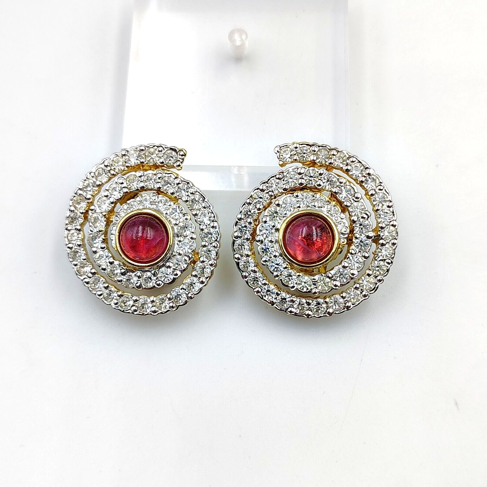 Valentino Gold Tone Pave Rhinestone Pink Cabochon Spiral Clip On Earrings 280$